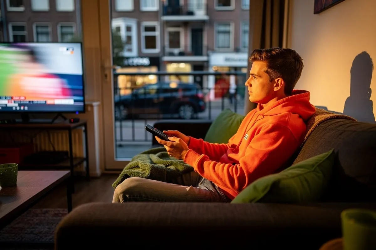 Man in oranje hoodie kijkt tv op bank met afstandsbediening in handen, stadsgezicht door raam