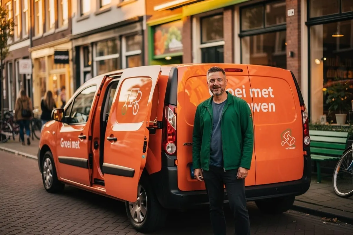 Man in groen jack staat voor oranje bestelbus met logo en tekst op straat in winkelgebied