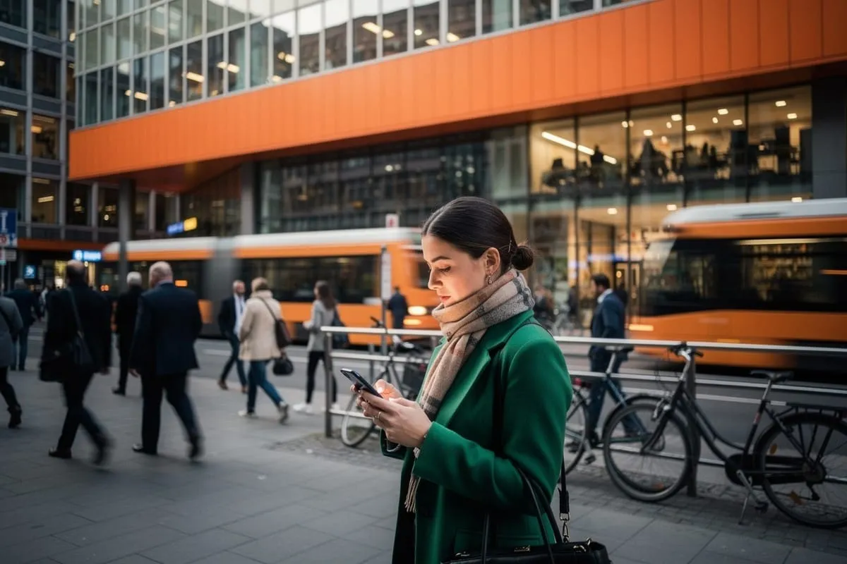 Vrouw in groene jas met telefoon op druk stadsplein met kantoorgebouw en oranje bussen