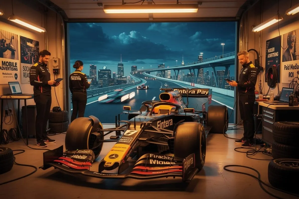 Oranje Formule 1-wagen met Fintera-branding in garage, omringd door teamleden en posters over mobile advertising.