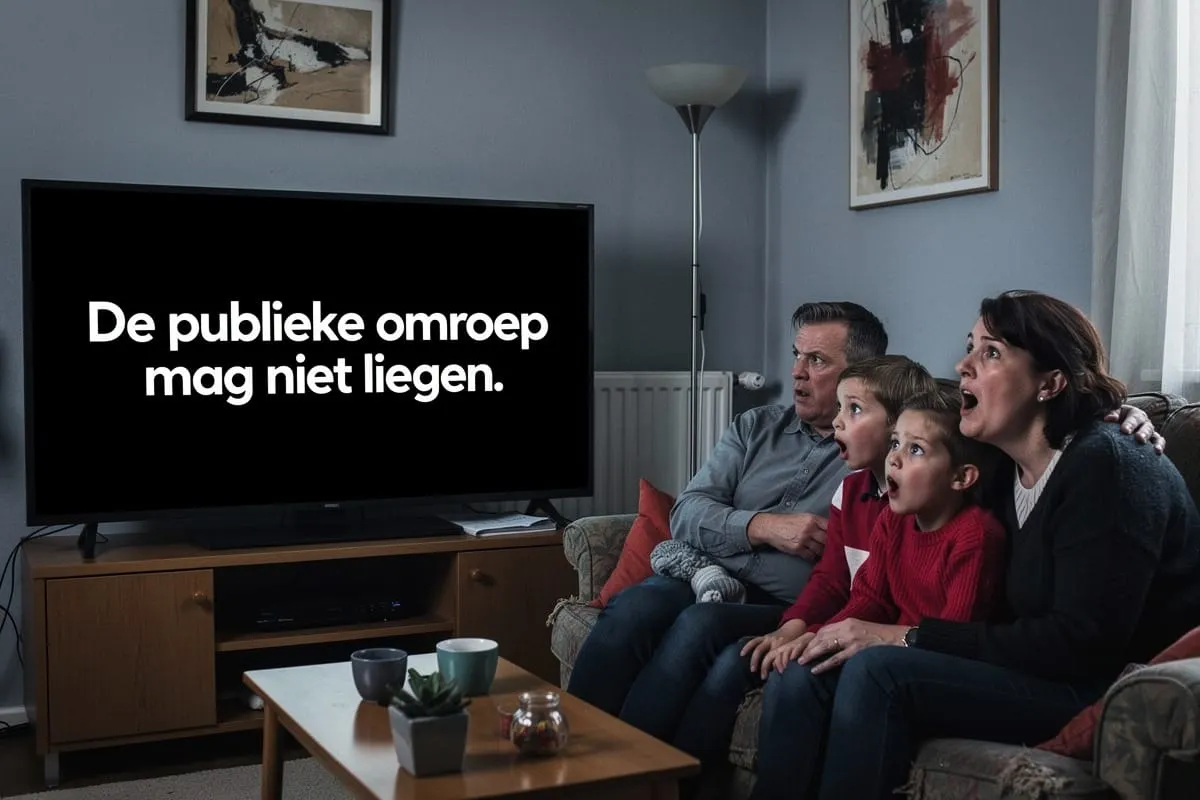 Geschokt gezin van vier kijkt naar tv-scherm met Nederlandse tekst 'De publieke omroep mag niet liegen'