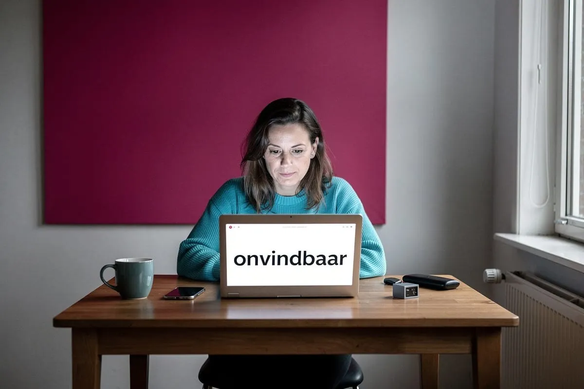 Vrouw in turquoise trui achter laptop met tekst 'onvindbaar' op scherm, aan houten tafel met koffiemok