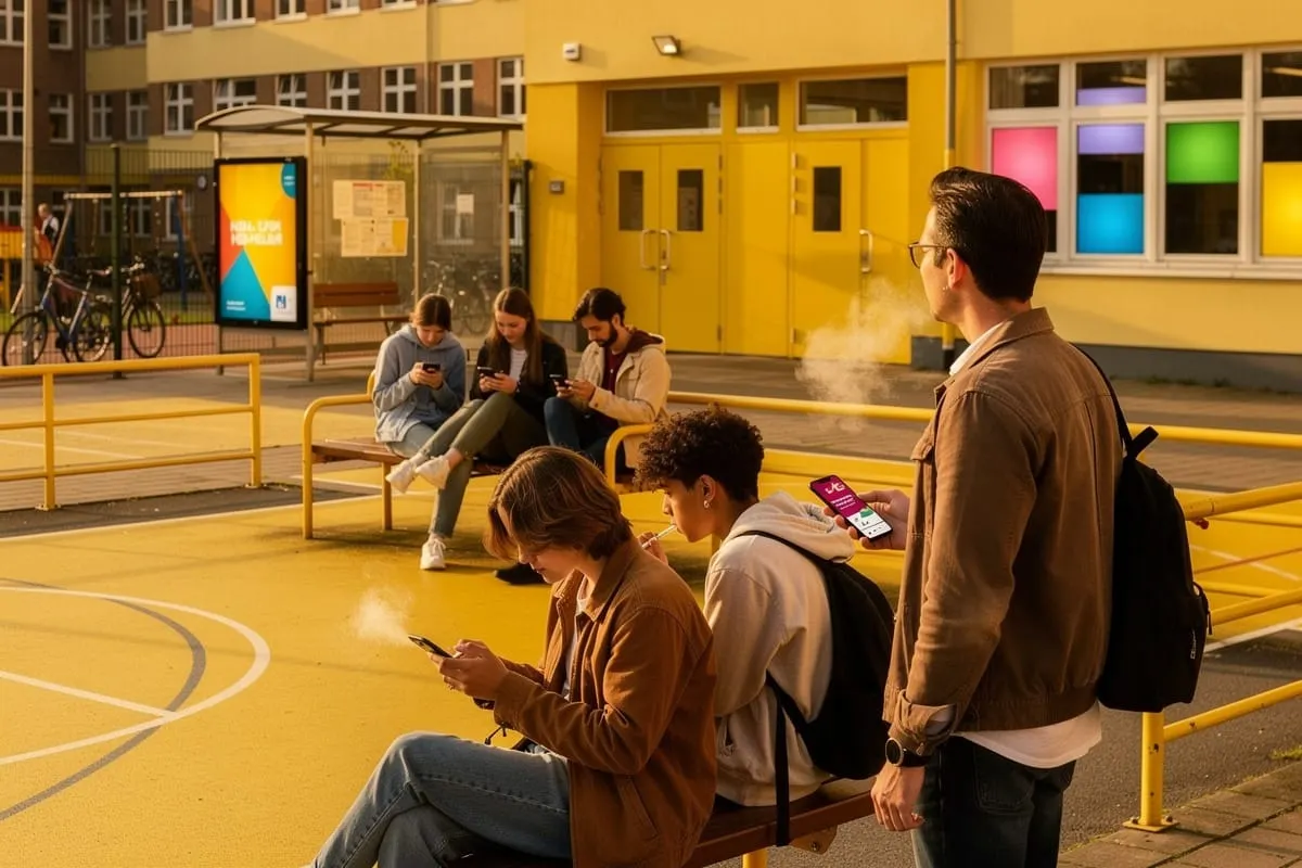 Jongeren met telefoons en vapes op geel plein bij gebouw met kleurrijke ramen bij avondlicht.