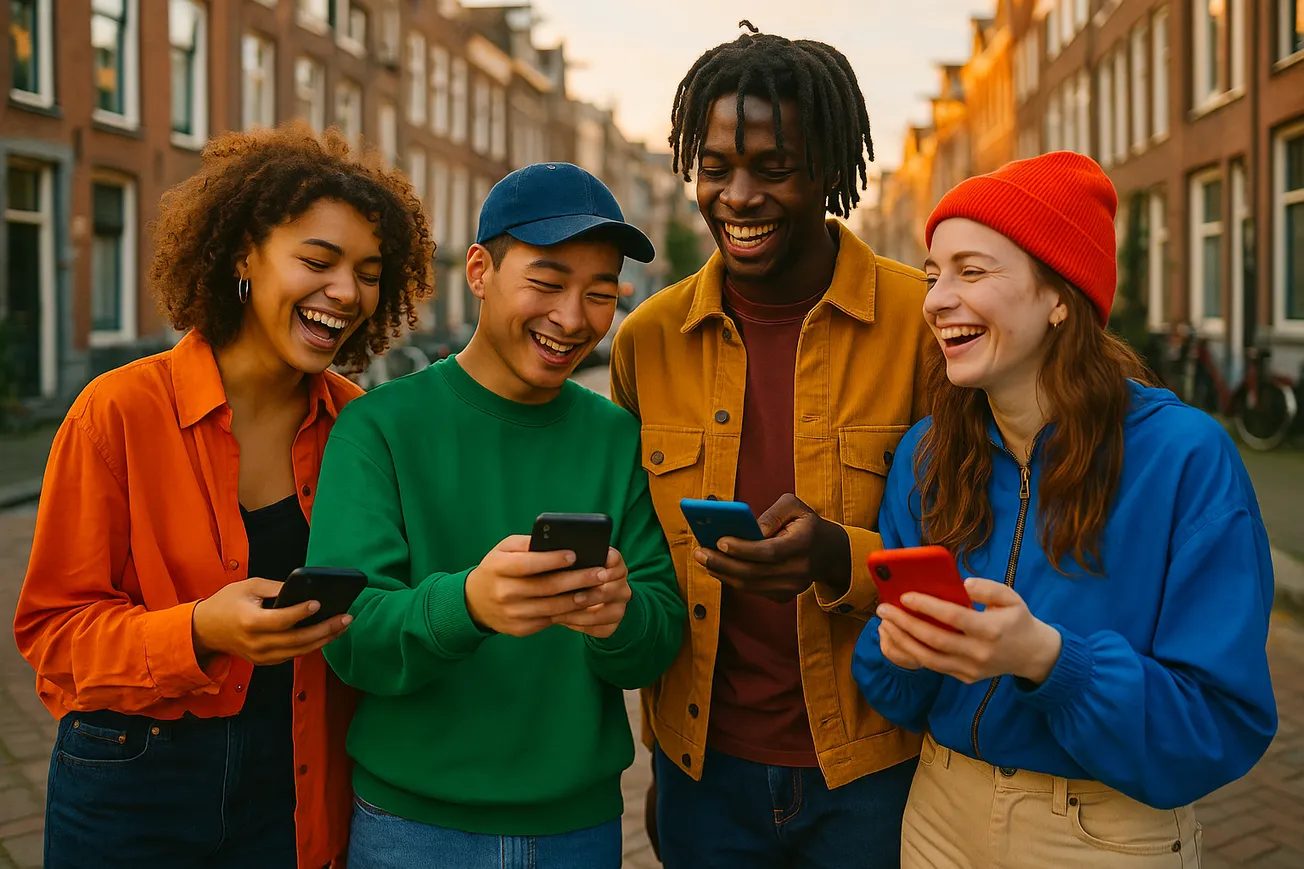 Groep jongeren van Gen Z in stedelijke omgeving, scrollend op telefoons en lachend samen