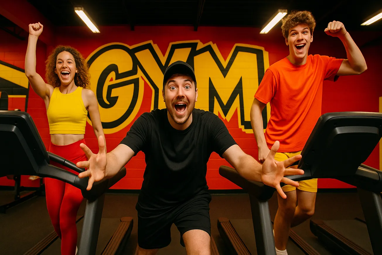 MrBeast in zijn gym — energiek, bold, uitdagend
