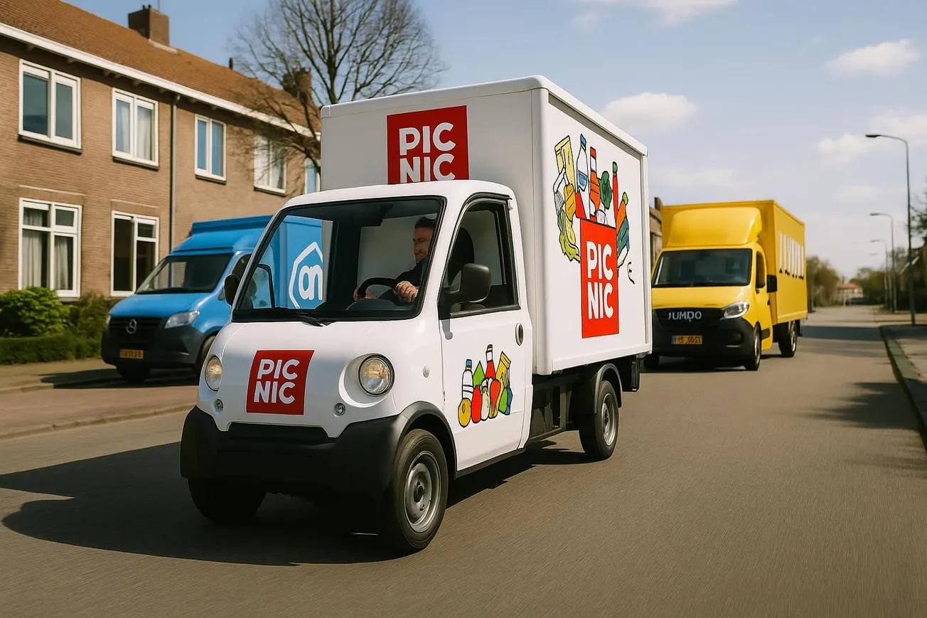 Rood Picnic-bezorgwagentje rijdt op natte straat, gele bestelbus erachter, digitale kaartvisualisatie links in beeld