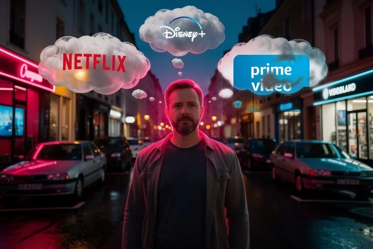 Man op straat met gedachtewolken van Netflix, Disney+ en Prime Video boven zijn hoofd