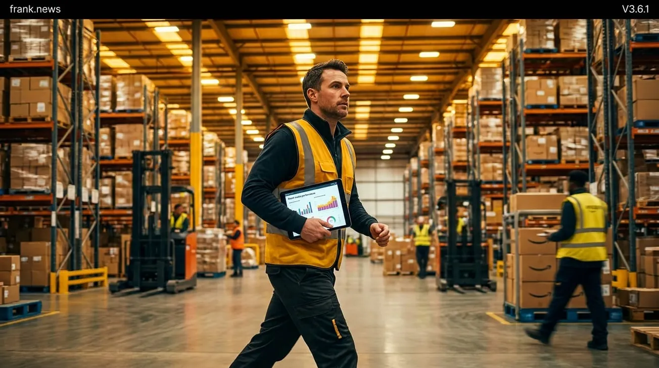 Manager in geel veiligheidsvest loopt door een Amazon-warehouse met tablet met retailmedia-data, omgeven door volle palletrekken.