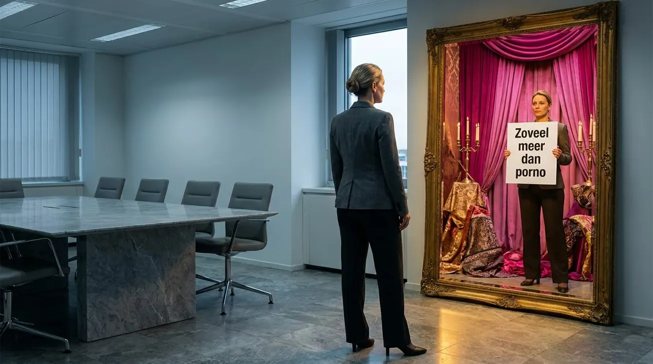 Zakenvrouw in boardroom kijkt in spiegel naar theatrale wereld met bord 'Zoveel meer dan porno' — FTYPE13 Surrealism