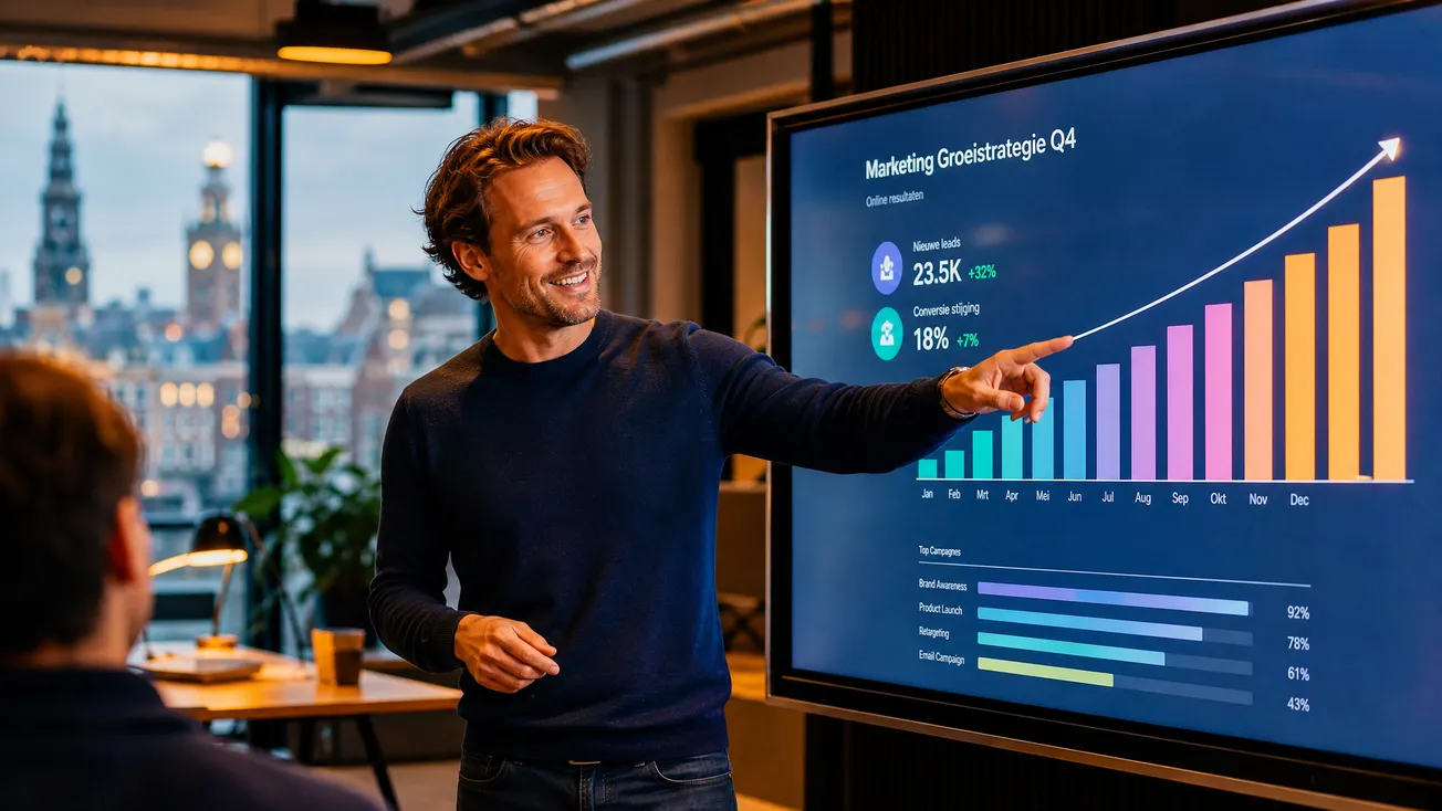 Nederlandse marketingprofessional wijst naar stijgende grafiek op groot scherm in Amsterdams kantoor