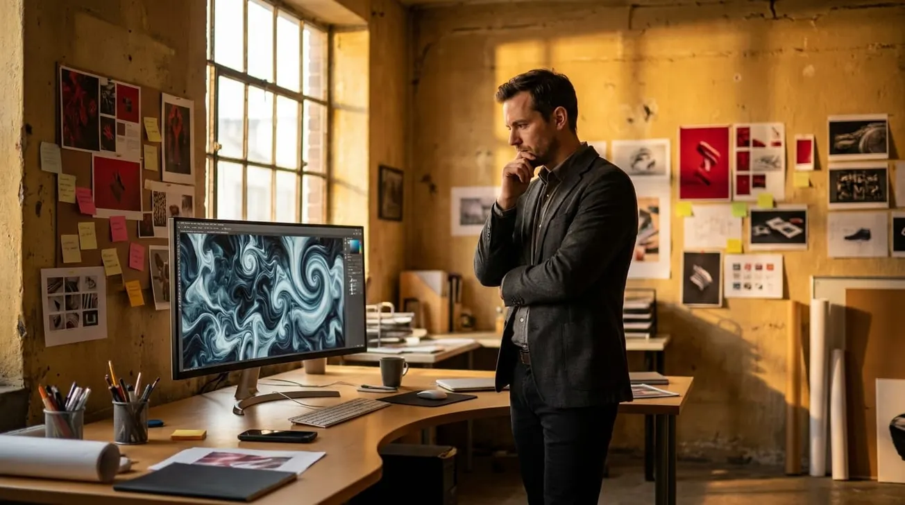 Creative director staat peinzend voor AI-scherm in warm verlicht bureau — frank.news