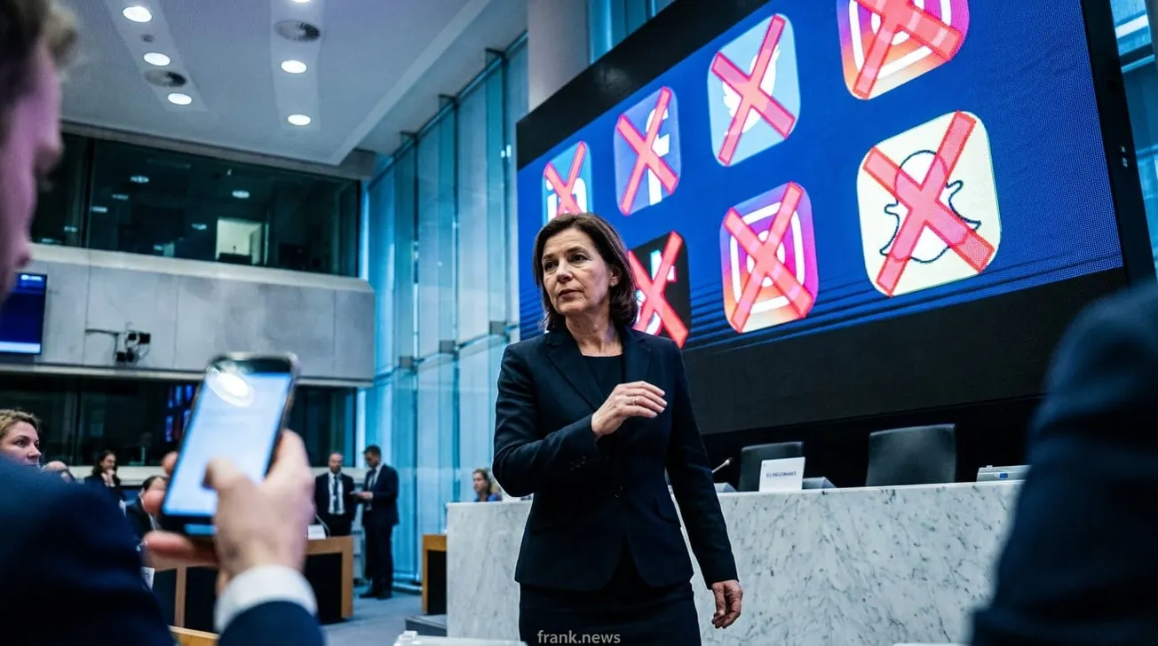 EU-beleidsmaker voor scherm met verbodstekens op social media apps — frank.news