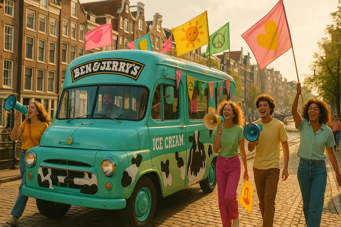 Ben en Jerry's ijskar rijdt luidruchtig door de straat met megafoons en vlaggen in Amsterdam