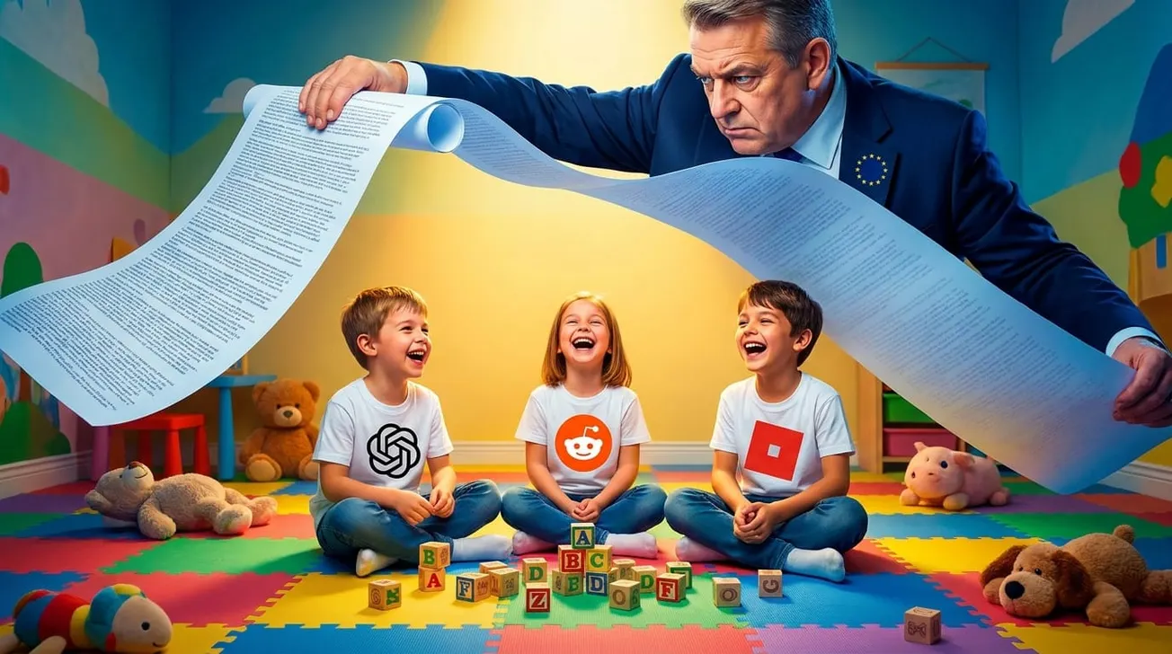 ChatGPT, Reddit en Roblox als vrolijk spelende kinderen, terwijl een strenge EU-ambtenaar zich over hen buigt met een rol EU-regelgeving