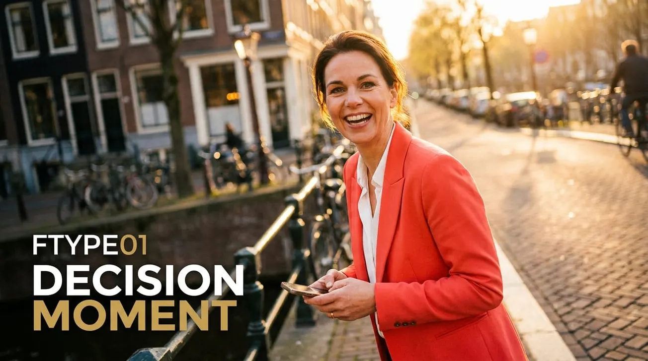 Media executive in rode blazer bij Amsterdamse gracht, gouden uur — Netflix en Talpa samenwerking
