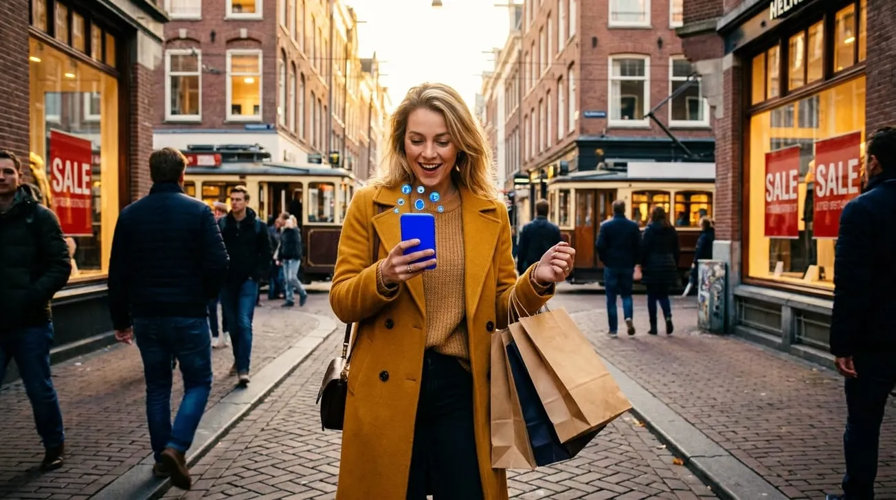 Een Nederlandse vrouw loopt shoppend door de Amsterdamse binnenstad en bekijkt een Snapchat-productaanbeveling op haar telefoon