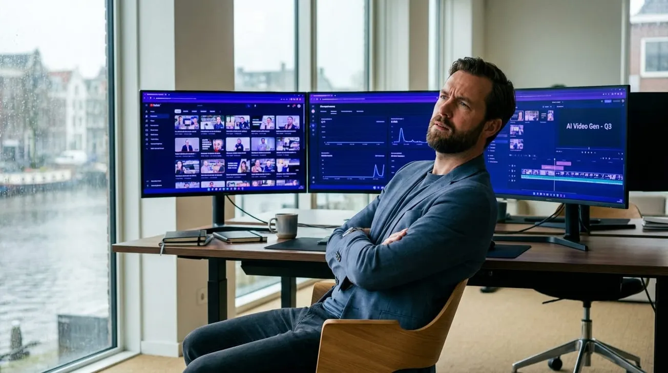 Een brand manager zit met gekruiste armen voor twee schermen vol AI-gegenereerde videoadvertenties in een modern Amsterdams kantoor met grachtzicht