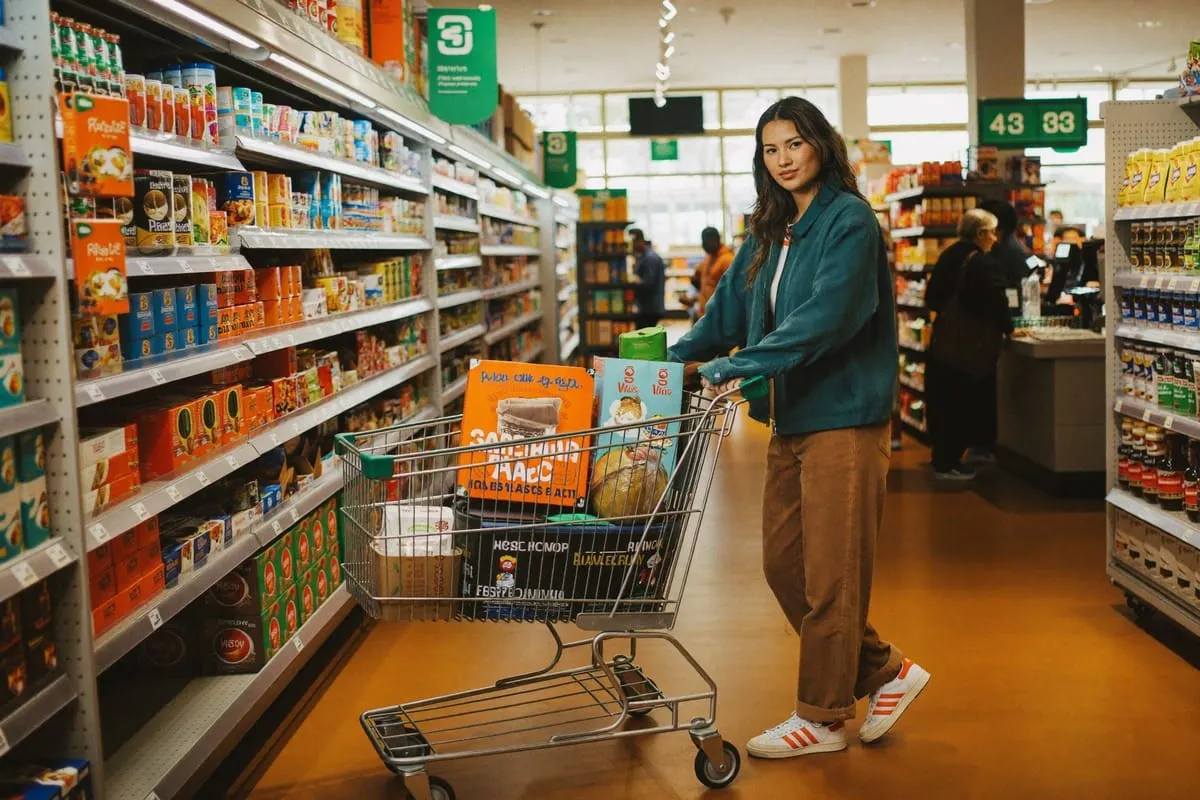 Vrouw met winkelwagen vol producten kijkt in de camera tussen supermarktschappen