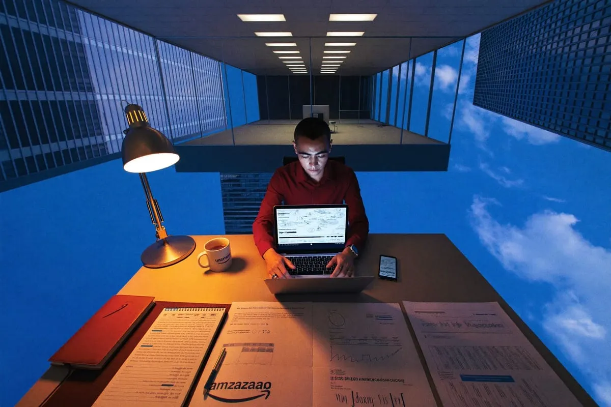 Man in rood shirt werkt 's avonds op laptop aan bureau, kantoortoren zweeft tussen wolken