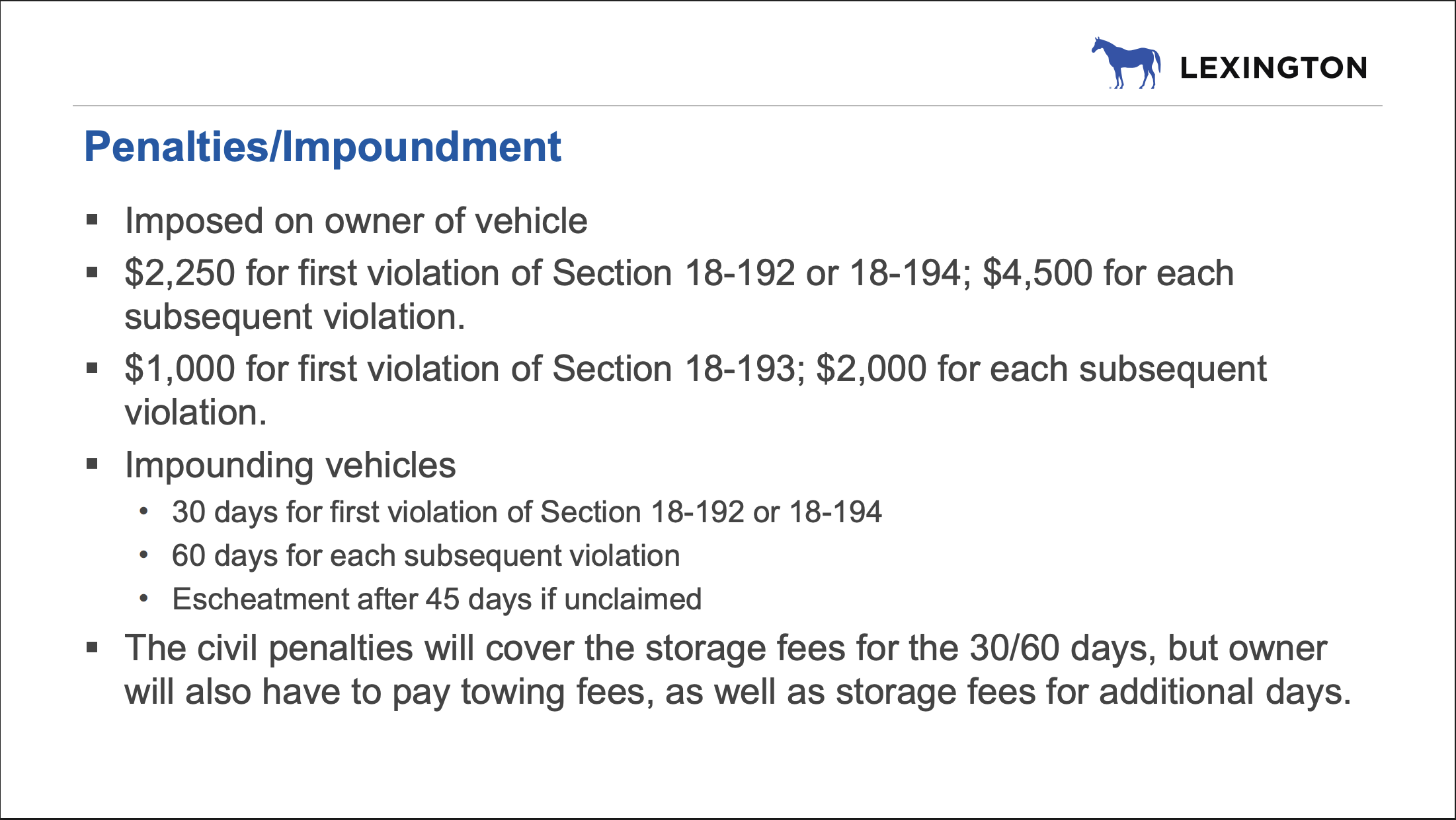 A screenshot of a presentation slide show the penalties for violating the drag racing ordinance.