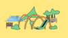 A graphic shows drawings of playground equipment, trees, a park bench, a swimming pool, and a sign that says "park".
