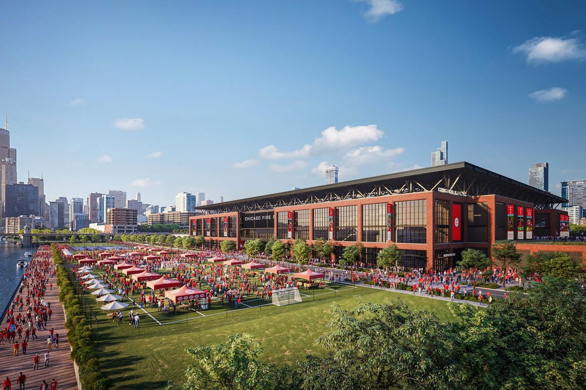 A rendering of the planned Chicago Fire stadium at The 78 in Chicago's South Loop.