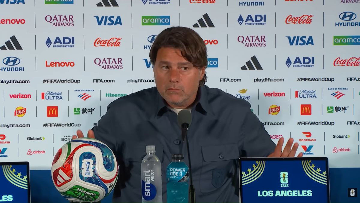 USMNT head coach Mauricio Pochettino makes a shruggin "I don't know" type of gesture after being asked a question during the press confernece after the USMNT loss to Turkiye