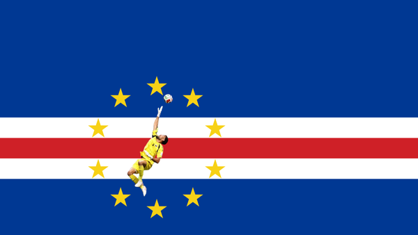 Vizinho saves agaisnt the backdrop of the Cabo Verde flag