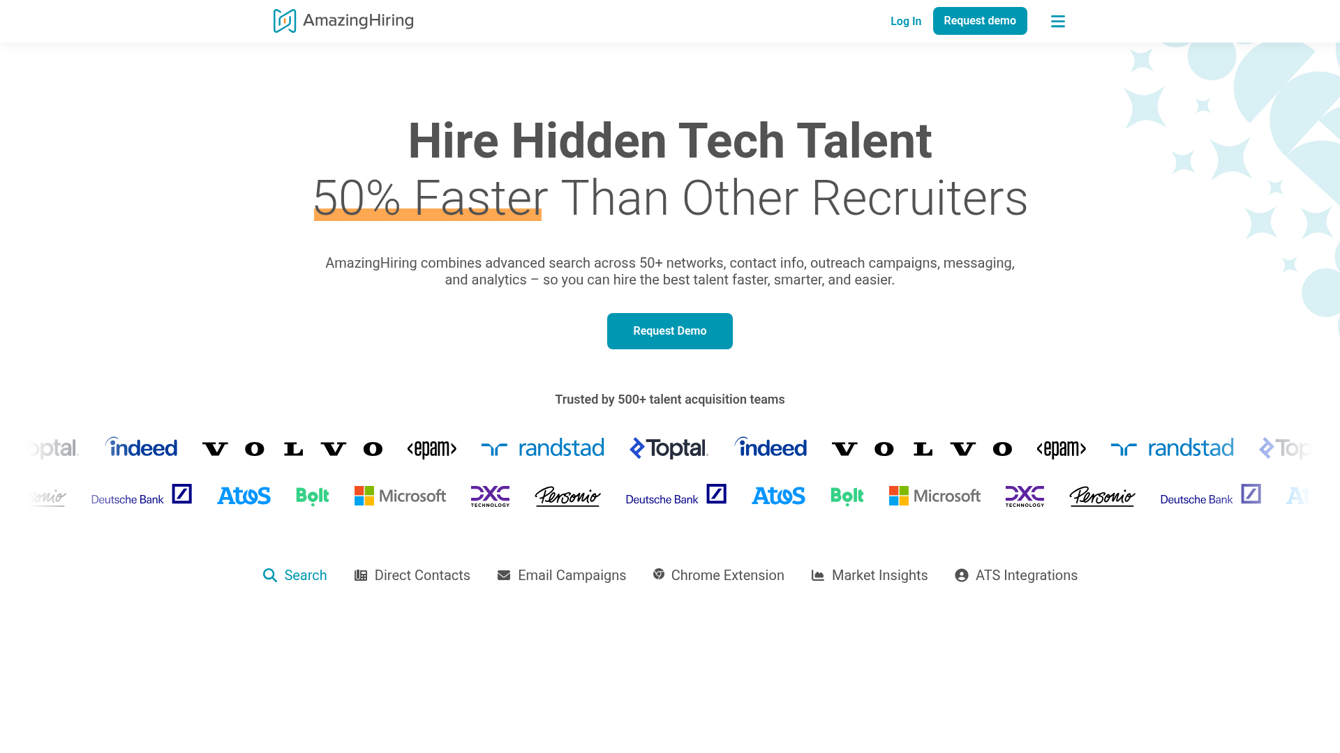 AmazingHiring technical talent sourcing platform homepage for engineering hiring