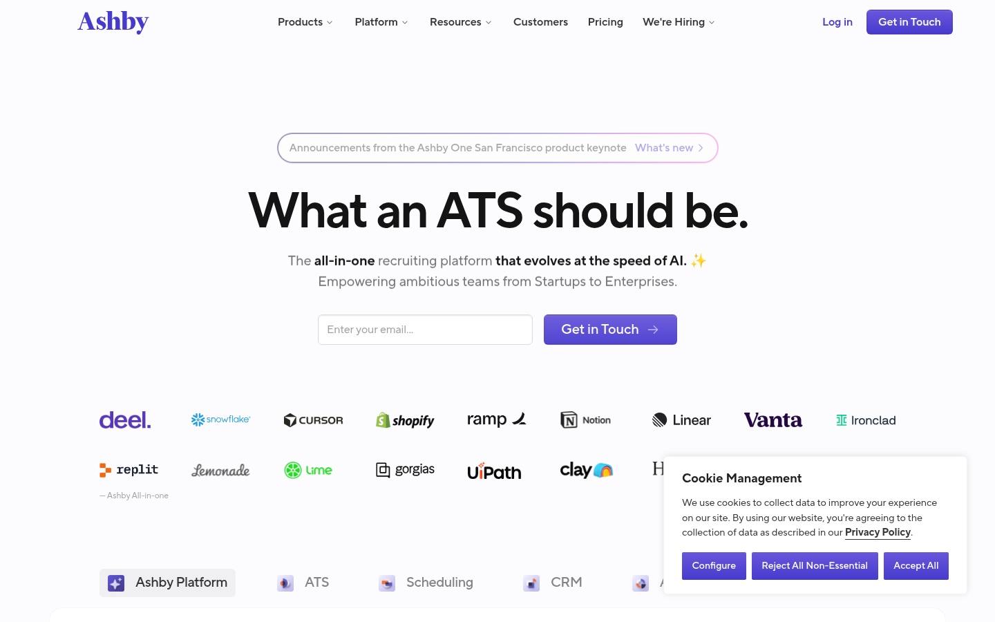 Ashby homepage showing all-in-one recruiting software with ATS, analytics, scheduling, and CRM