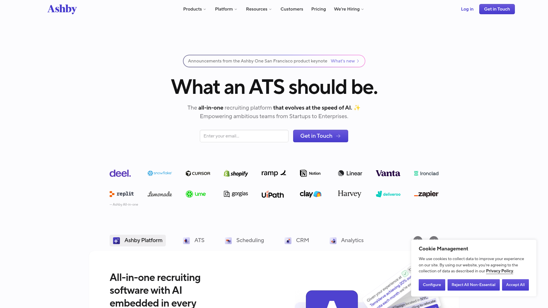 Ashby homepage hero showing the all-in-one recruiting software consolidating ATS, analytics, scheduling, and CRM