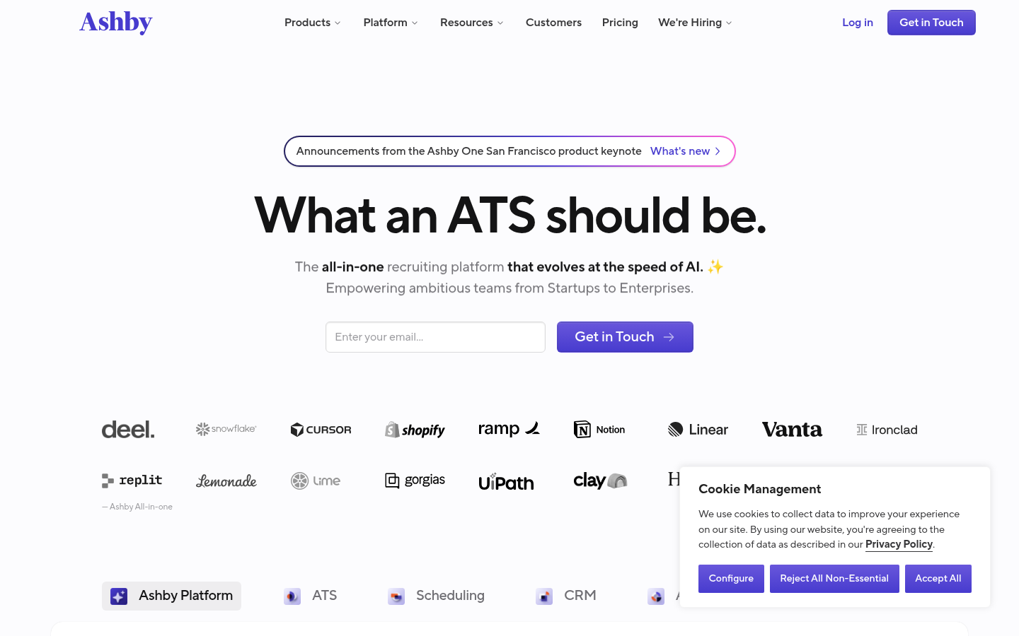 Ashby all-in-one recruiting software product page