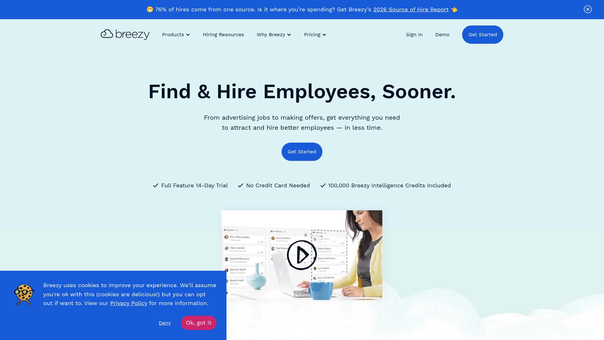 Breezy HR modern hiring software and ATS homepage with visual pipeline framing