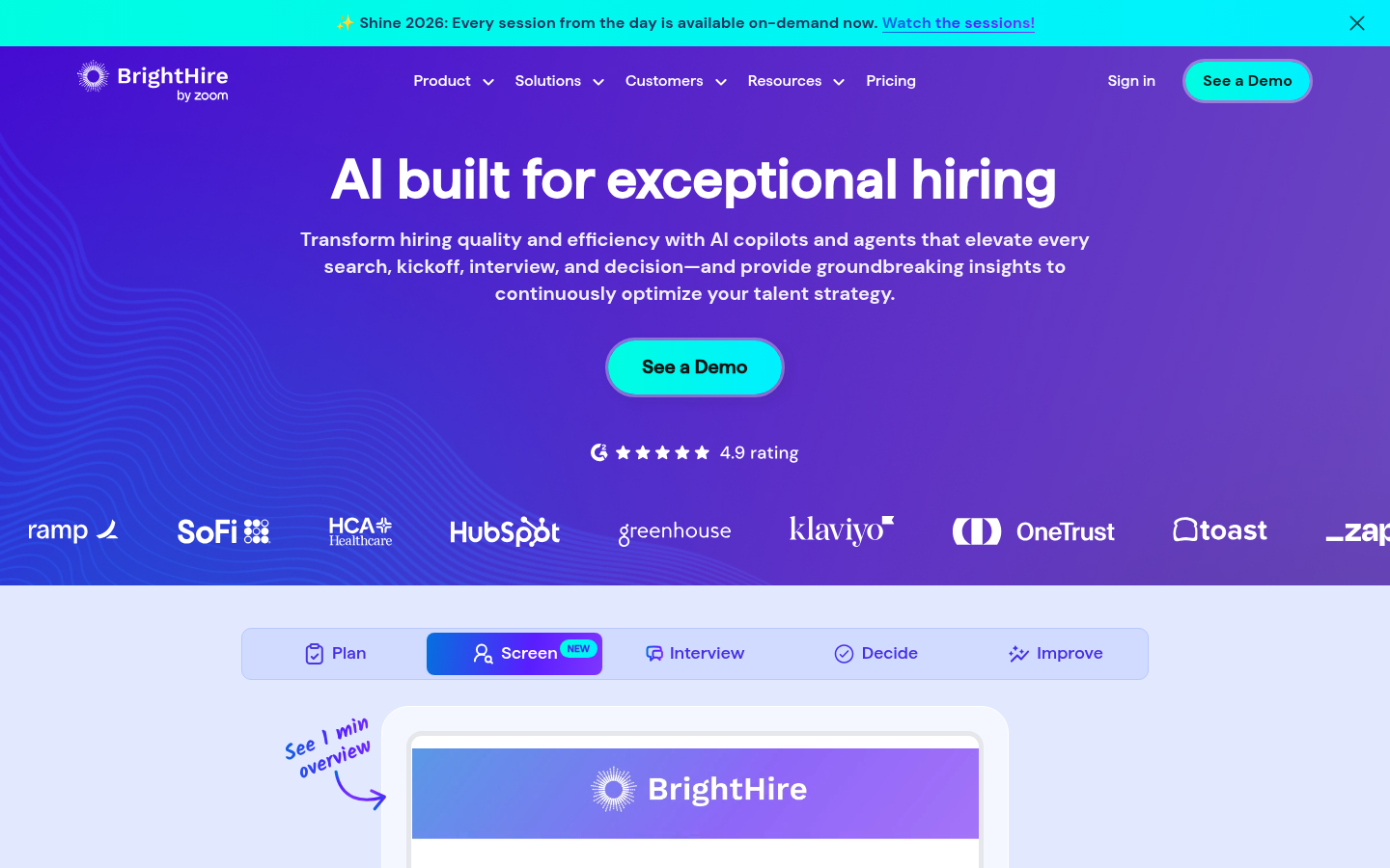 BrightHire homepage showing interview intelligence platform