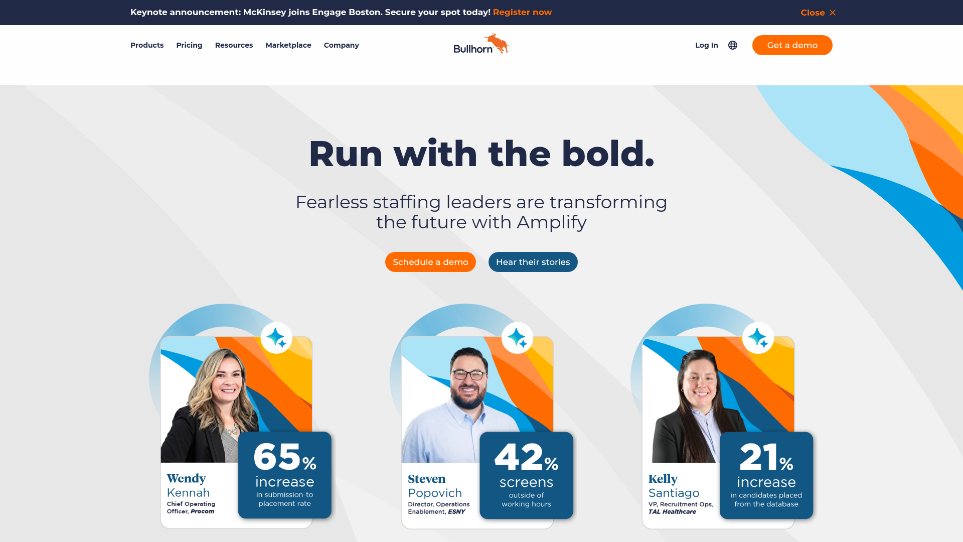 Bullhorn AI-powered online recruitment software homepage for staffing agencies