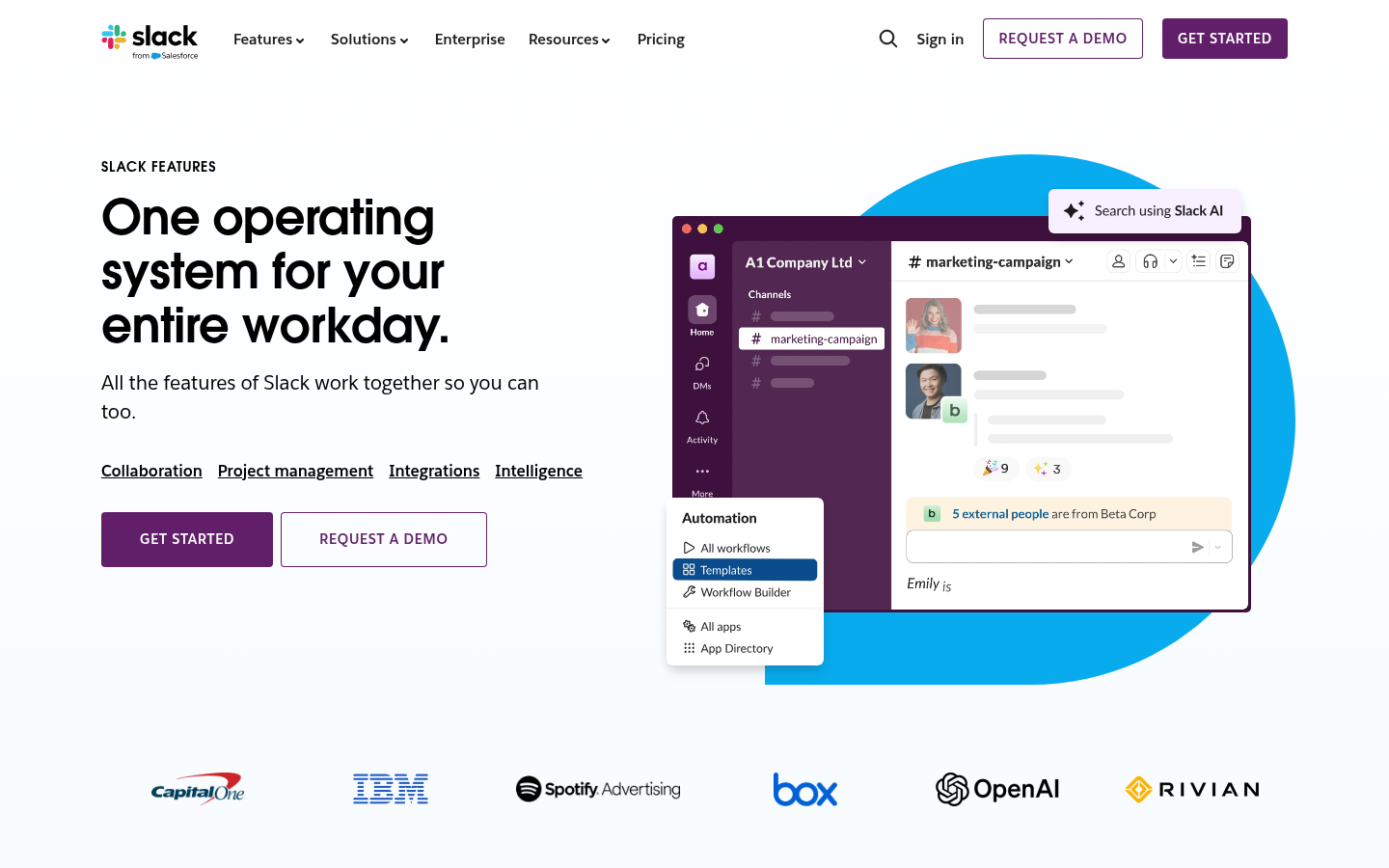 Slack features page showing channel-based collaboration