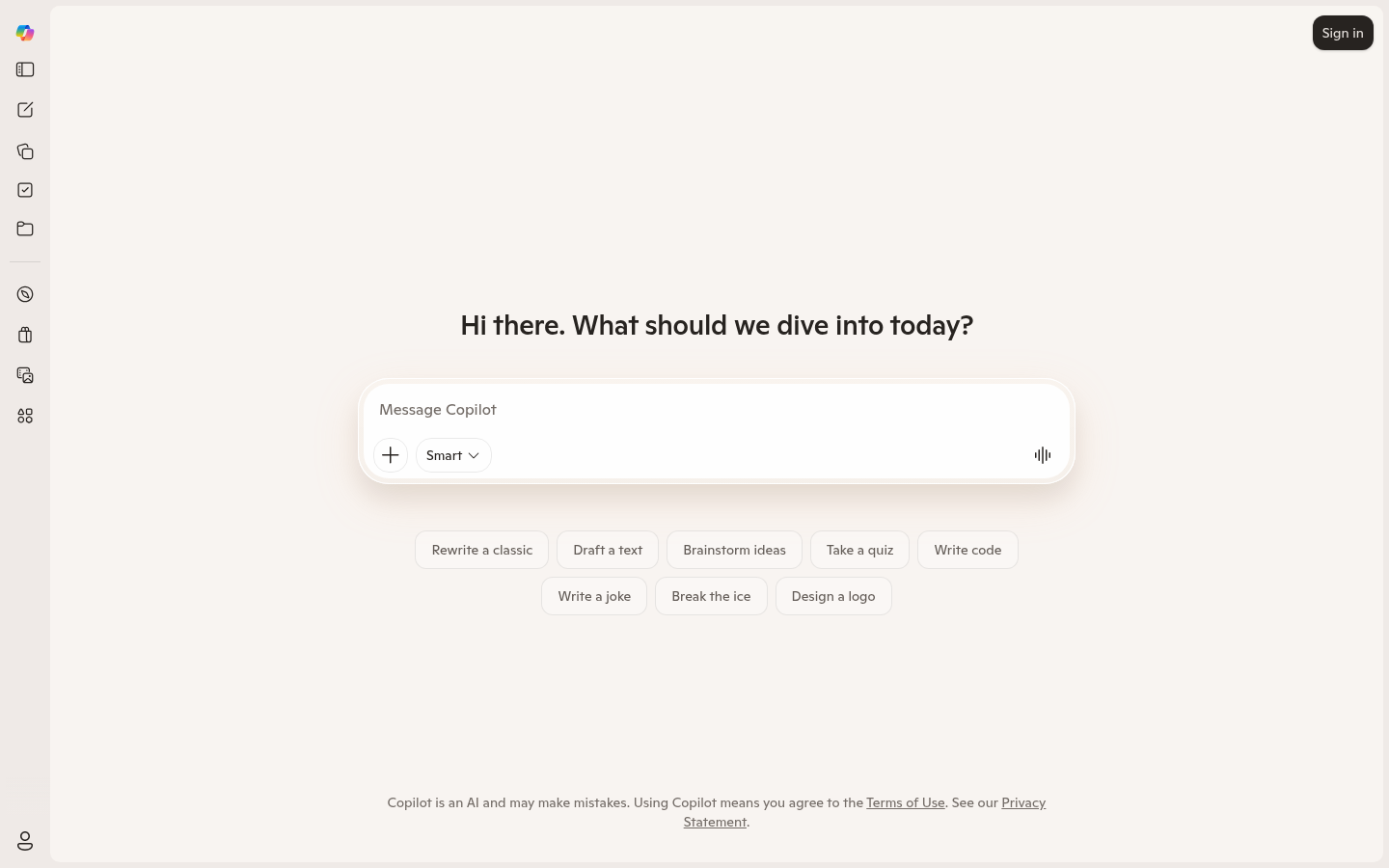 Microsoft Copilot homepage showing AI assistant for productivity and meetings