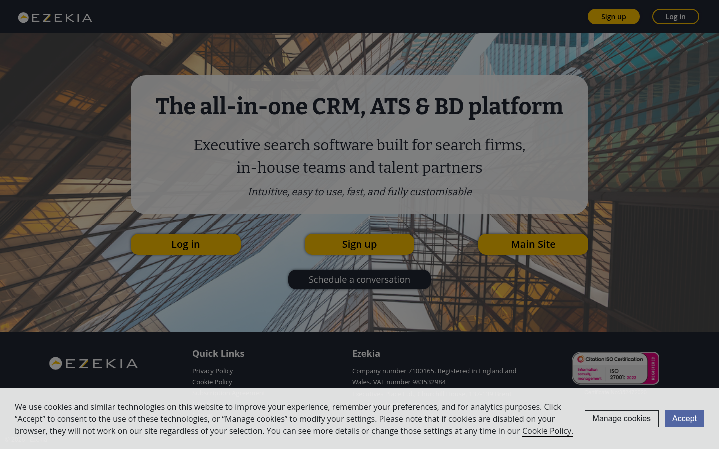 Ezekia executive search CRM product page