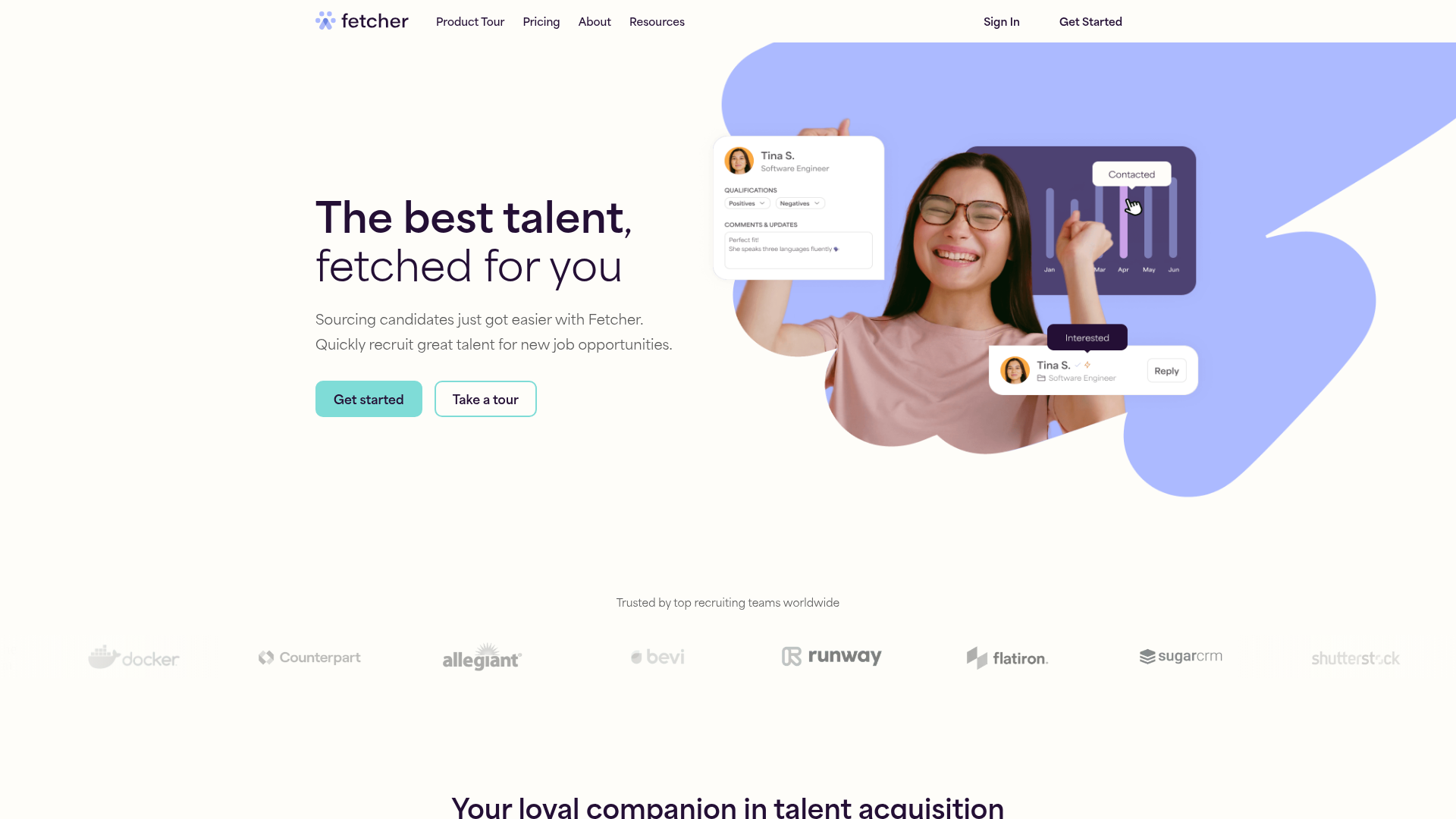 Fetcher AI recruiter homepage for passive and active candidate sourcing