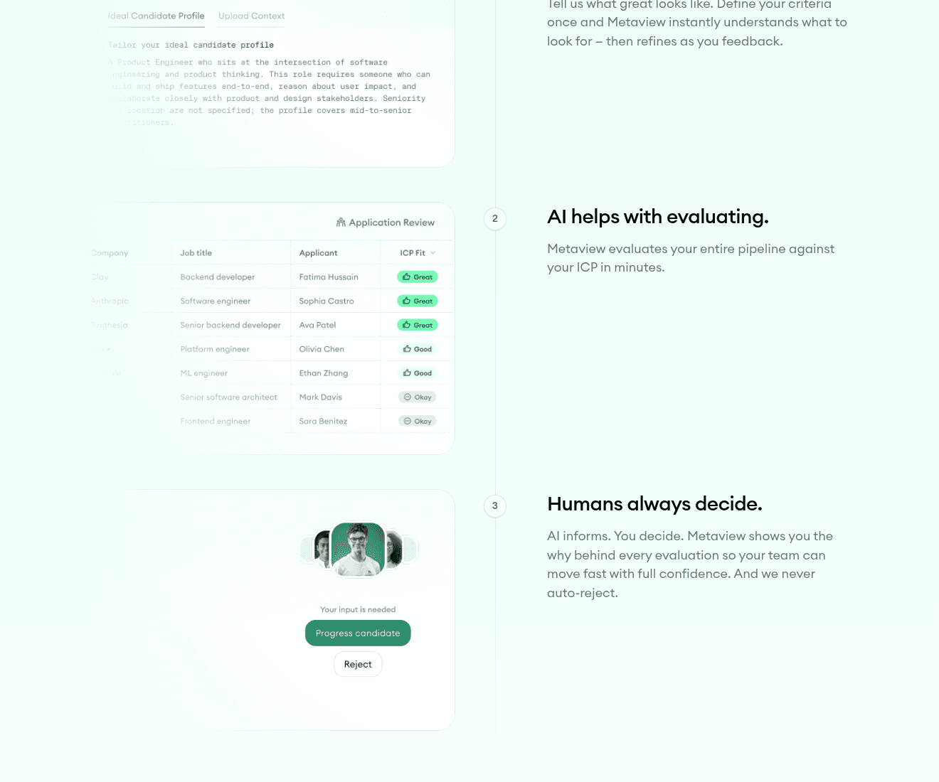Ideal Candidate Profile with applicant ratings and the human Progress or Reject decision card