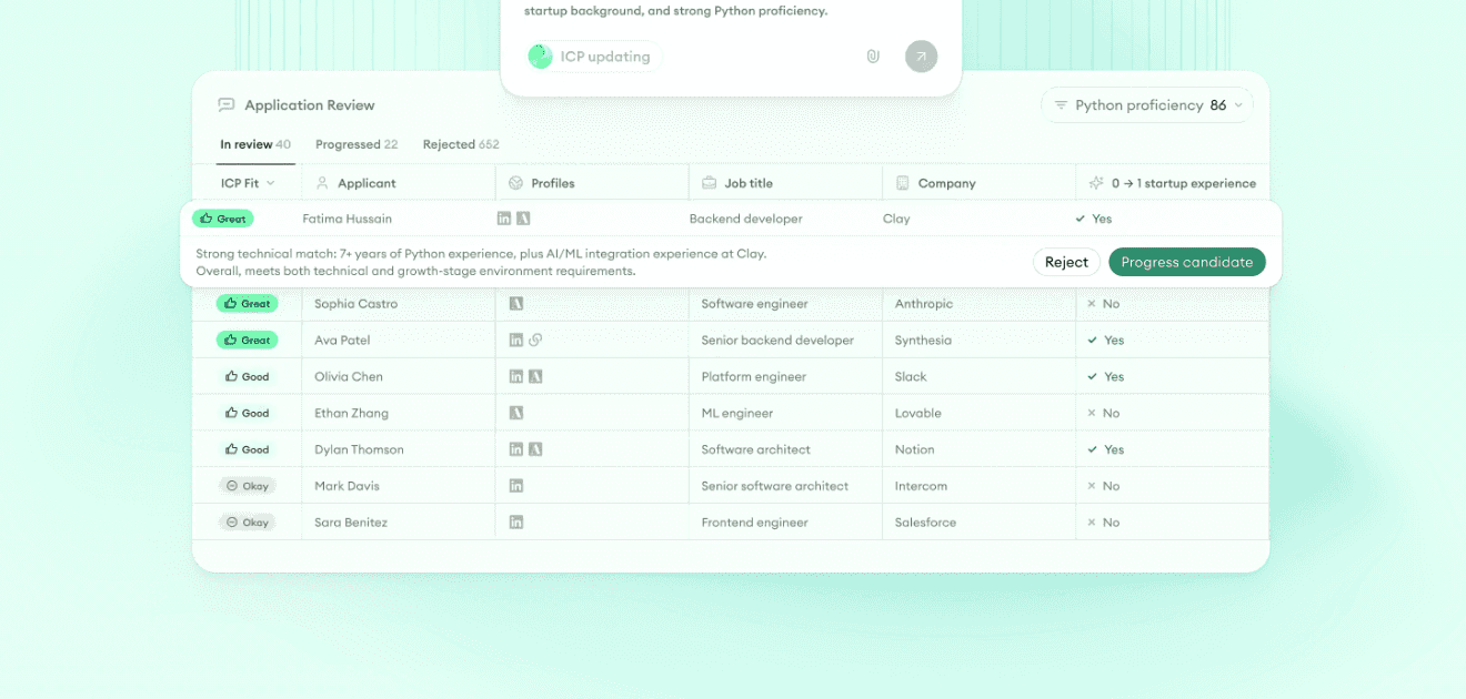 Metaview Application Review inbox showing ranked candidates with AI-scored fit signals, letting senior recruiters skip the noise and focus on the strongest slate