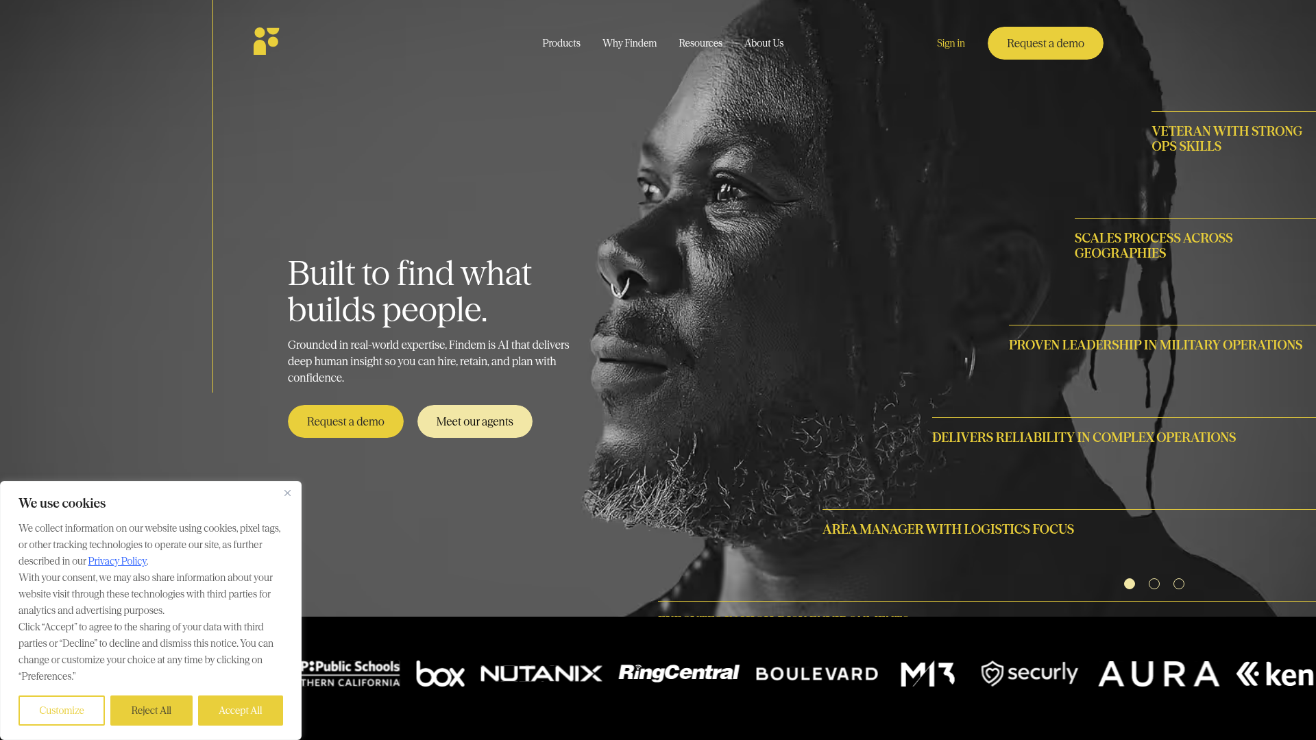 Findem AI talent intelligence platform homepage showing hiring and workforce planning