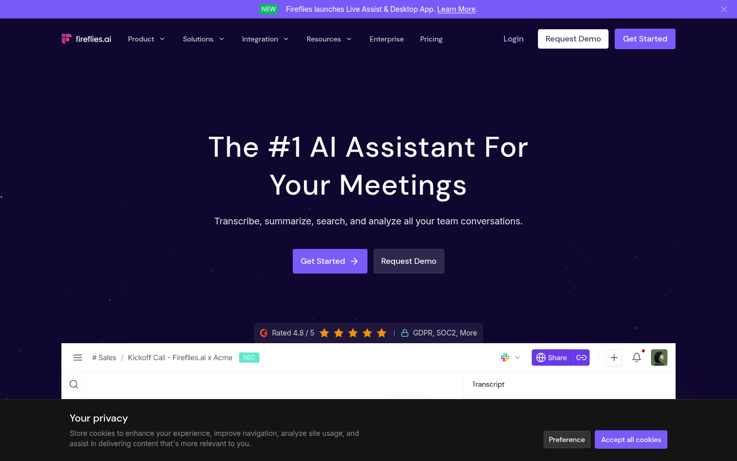 Fireflies.ai homepage showing AI meeting assistant for notes and analysis