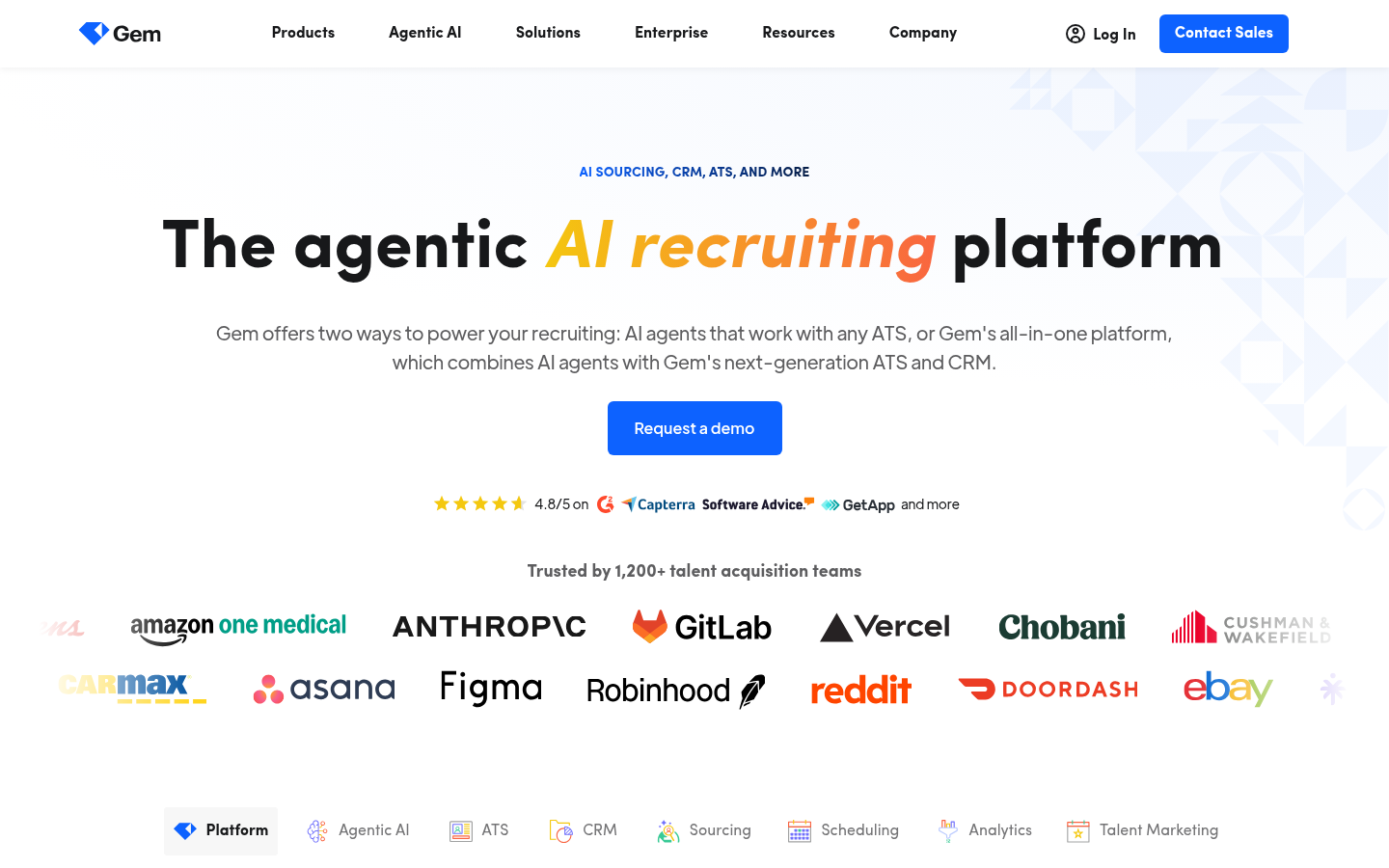 Gem homepage showing AI-first all-in-one recruiting platform