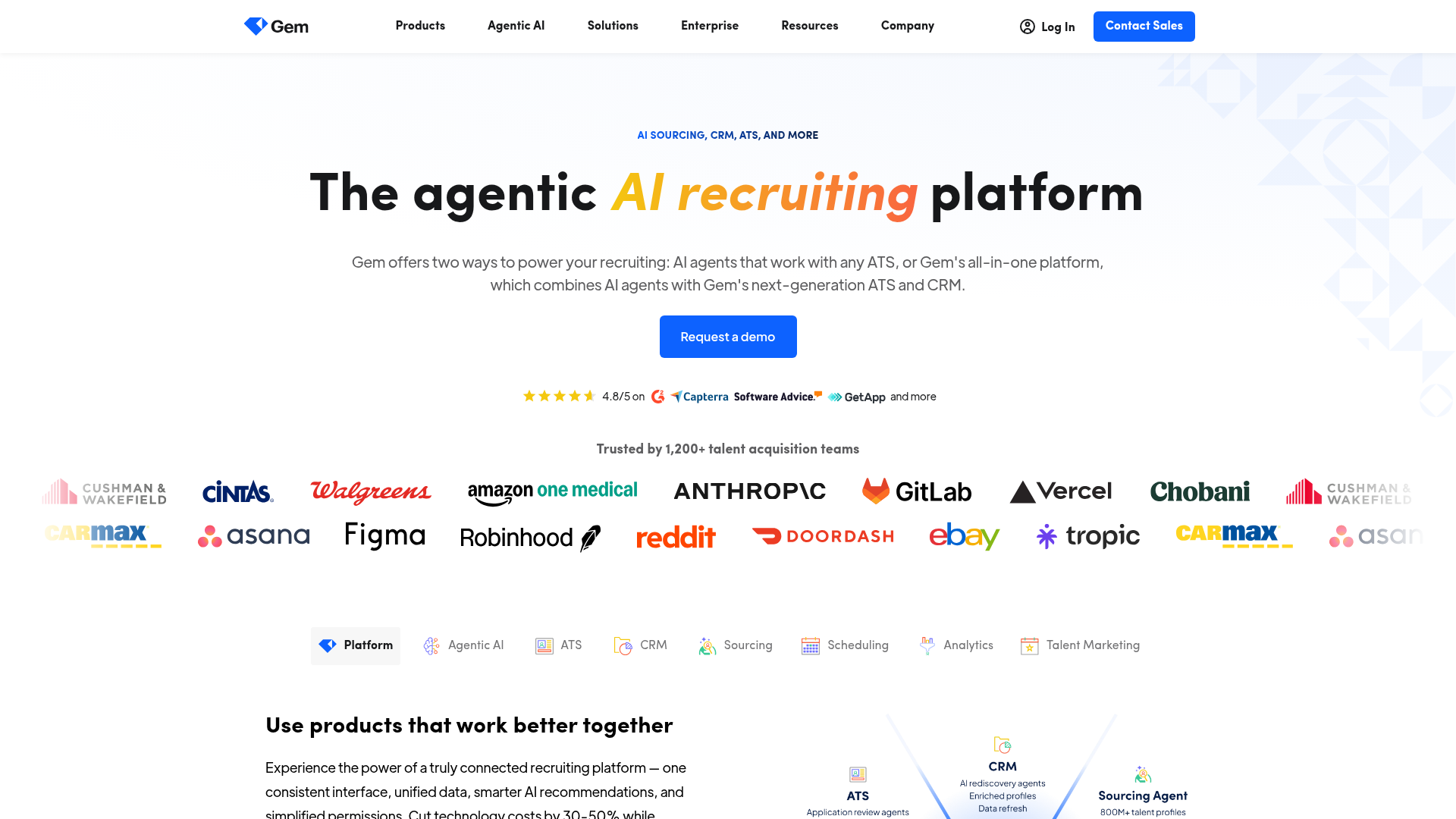 Gem AI-first all-in-one recruiting platform homepage with ATS, CRM, and sourcing