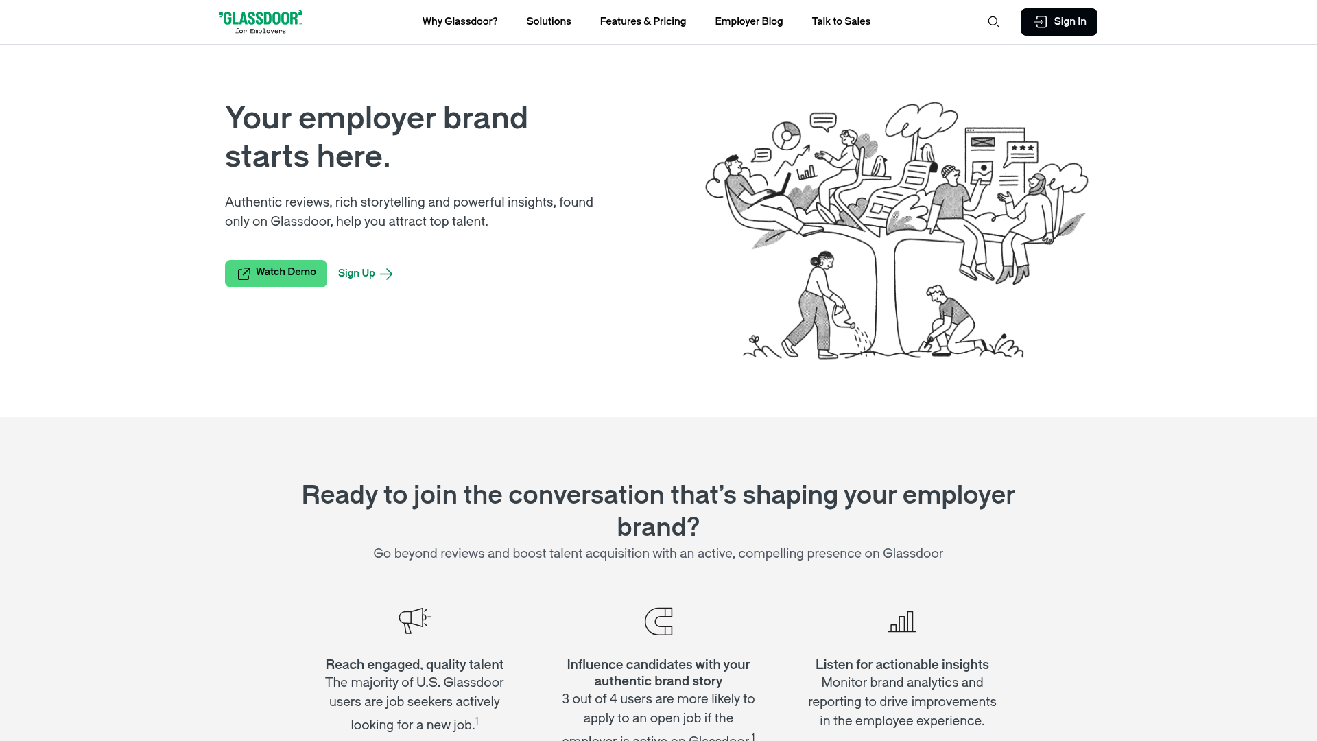 Glassdoor for Employers homepage showing employer branding and hiring tools