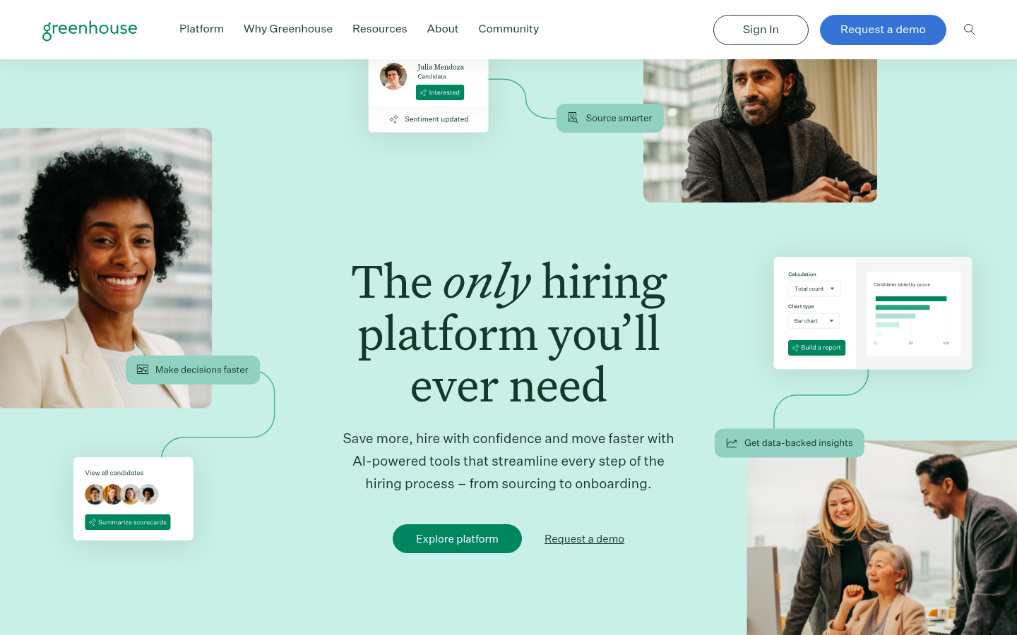 Greenhouse homepage showing applicant tracking and AI recruiting platform