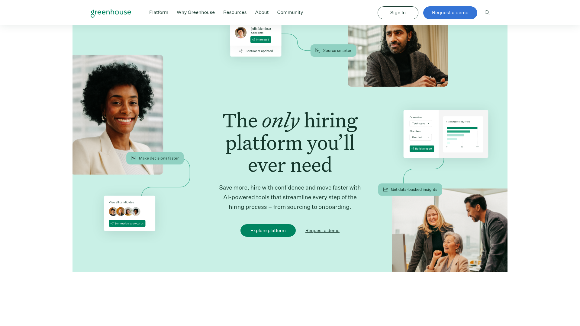 Greenhouse homepage showing the applicant tracking platform and hiring tools