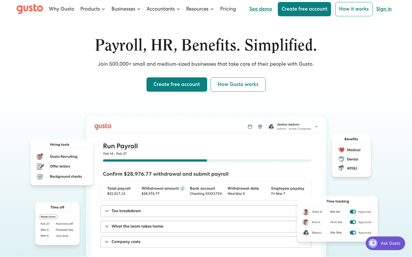 Gusto online HR services platform