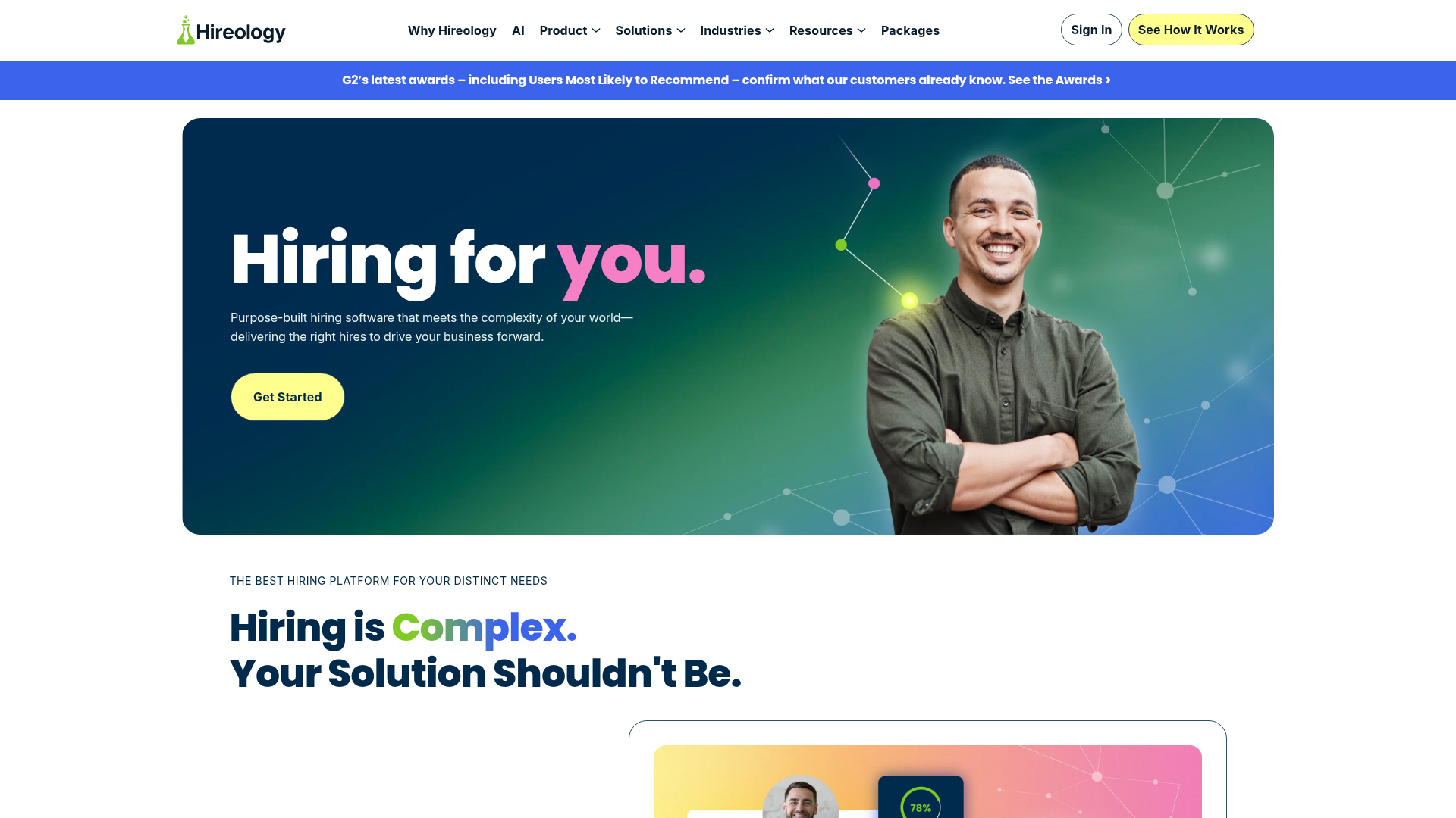 Hireology homepage showing the multi-location ATS built for retail automotive, hospitality, and facility-based healthcare hiring